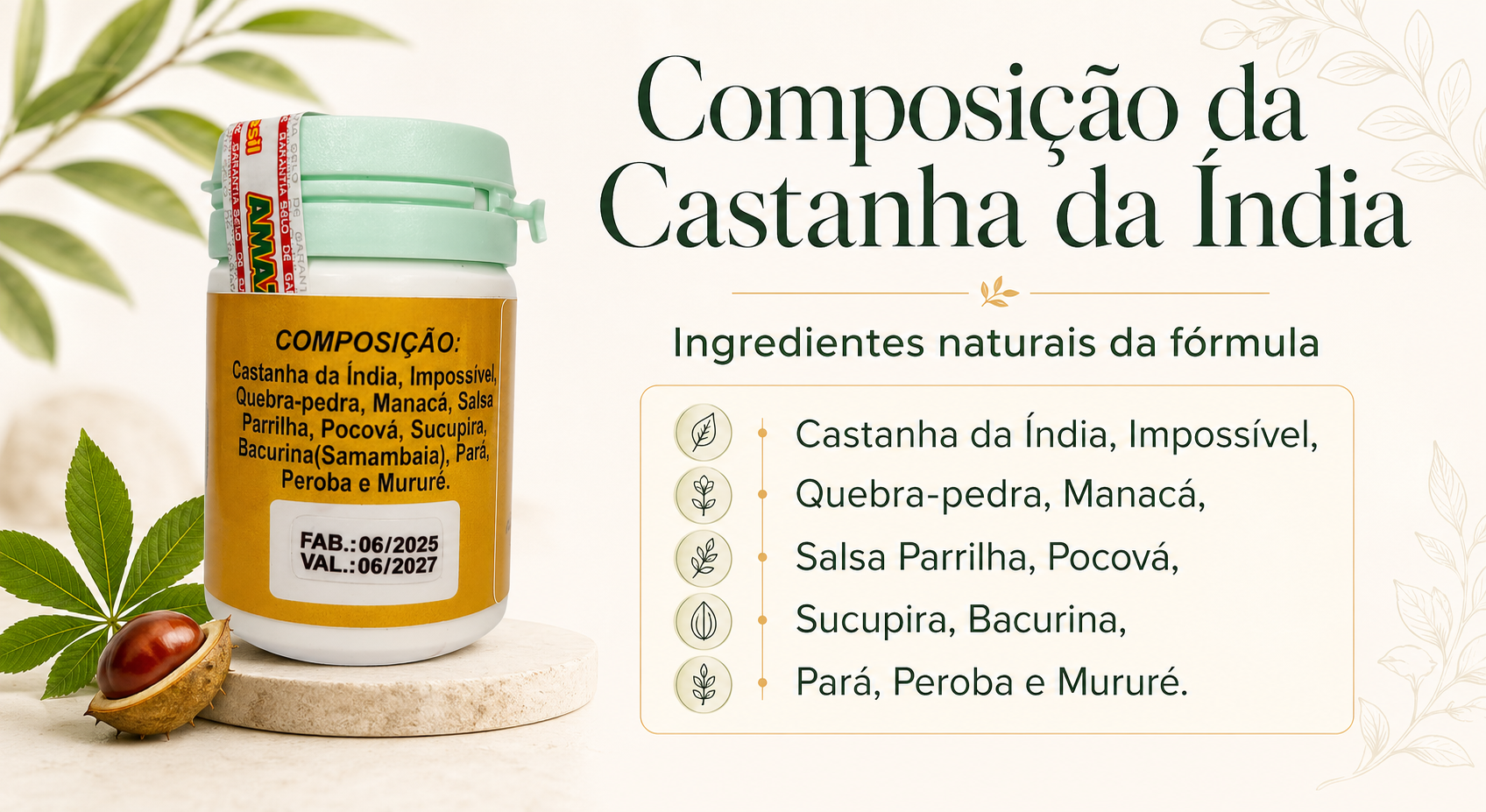 Imagem informativa sobre a composição da Castanha da Índia, com frasco do produto à esquerda exibindo o rótulo com os ingredientes da fórmula, título Composição da Castanha da Índia em destaque e lista dos ingredientes naturais: castanha da índia, impossível, quebra-pedra, manacá, salsa parrilha, pocová, sucupira, bacurina, pará, peroba e mururé, em um layout claro com elementos botânicos.